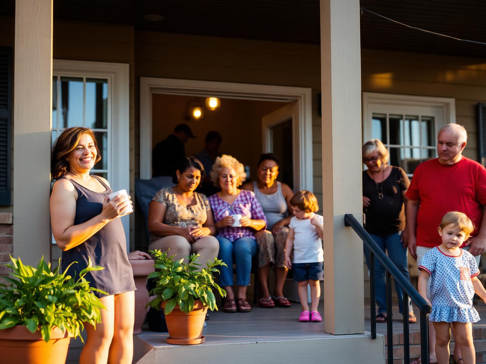 Neighbors gathered on a front porch at golden hour in a CASA affordable housing community
